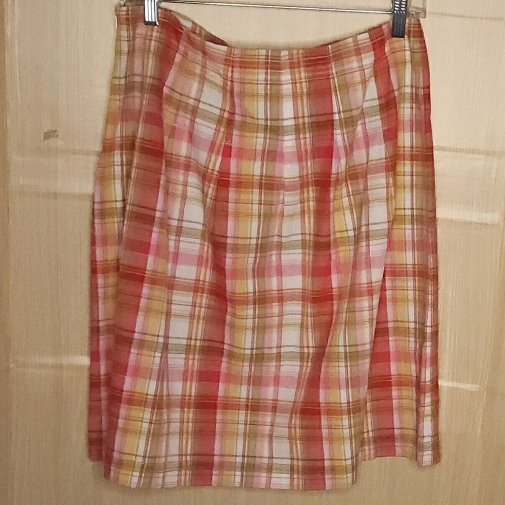 Talbots Petite Pink White Plaid A Line Lightweight Cotton Skirt 12P